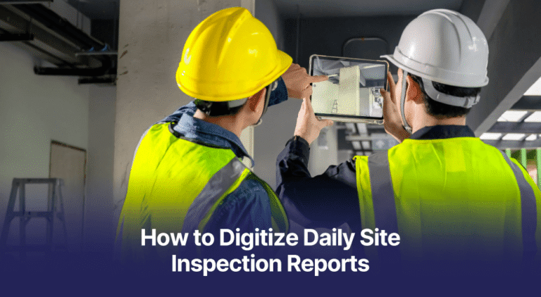 A construction site supervisor using a tablet to complete a digital site inspection report and capture photo evidence.